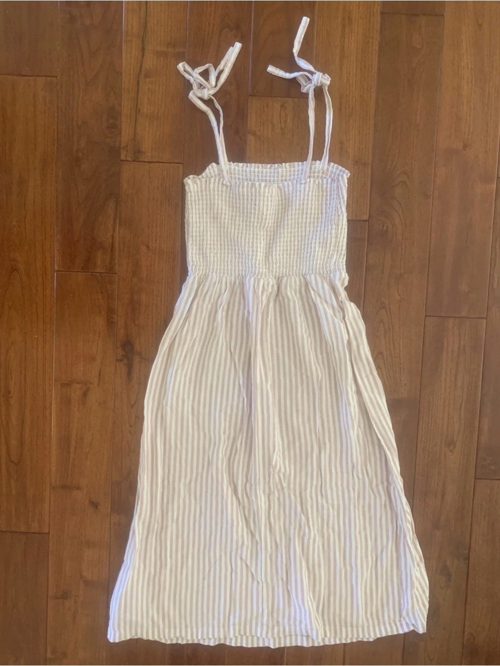 Gap Maxi Dress Size S Smocked Bodice Pink Stripe Linen Top Ties - Picture 9 of 14